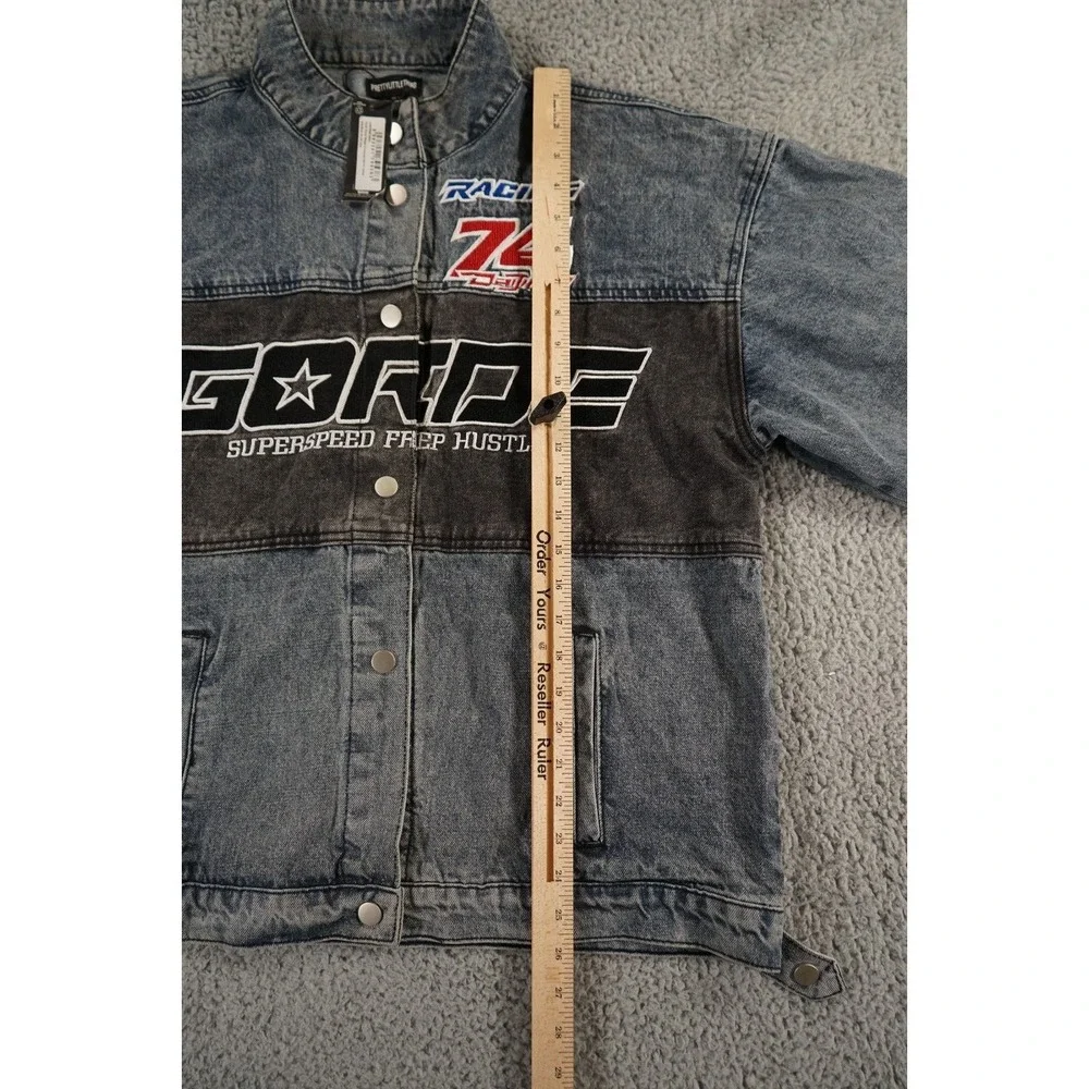 Pretty Little Thing Denim Jacket Womens 12 Blue Distressed Racing Button Up Logo